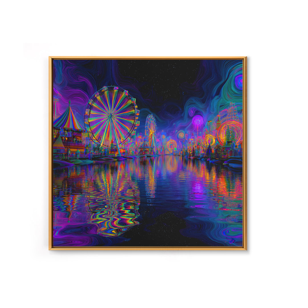 Neon Carnival At Night Abstract Wall Art, Psychedelic Ferris Wheel Canvas Print, Colorful Dopamine Decor Gaming Room Art
