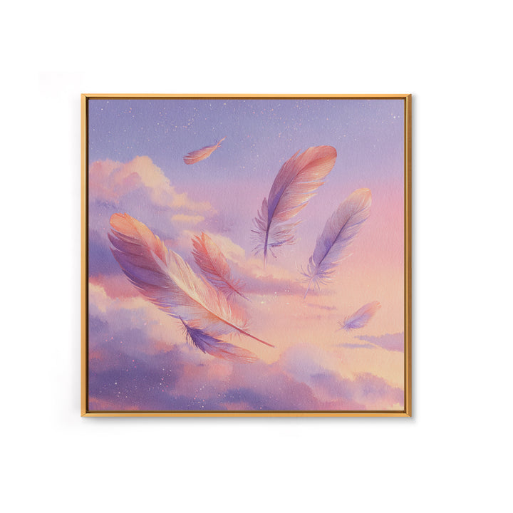 Floating Pink Feathers Wall Art, Dreamy Celestial Canvas Print, Pastel Cloud Decor, Whimsical Nursery Bedroom Gift For Her