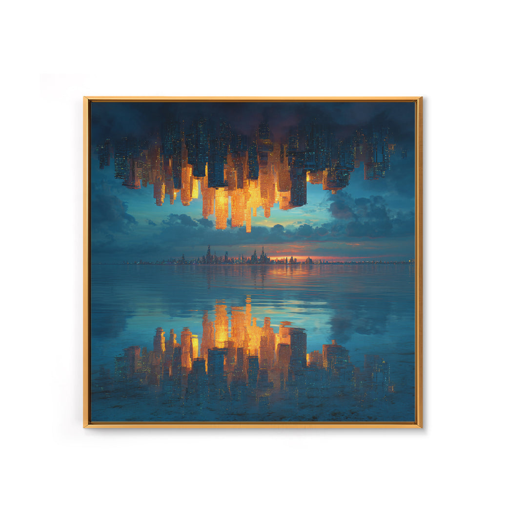 Upside Down Skyline Reflected On Water Wall Art, Surreal Cityscape Canvas Print, Modern Urban Decor For Living Room And Office