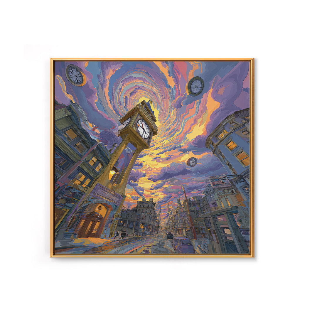 Surreal Cityscape With Clock Tower And Swirling Sky At Sunset Wall Art Framed Canvas Print For Home Decor