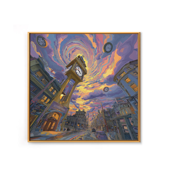 Surreal Cityscape With Clock Tower And Swirling Sky At Sunset Wall Art Framed Canvas Print For Home Decor
