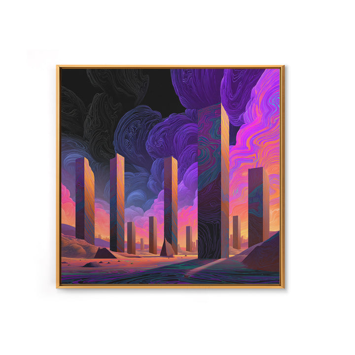 Neon Desert Monoliths Under Purple Sky Canvas Print, Futuristic Landscape Wall Art, Sci Fi Abstract Decor For Modern Home