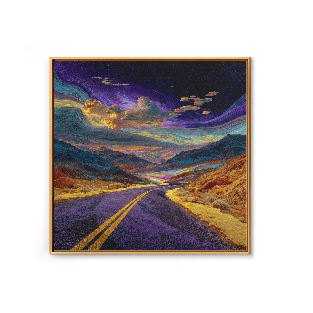 Cosmic Desert Highway Under Swirling Galaxy Sky Wall Art, Surreal Colorful Landscape Canvas Print, Modern Decor