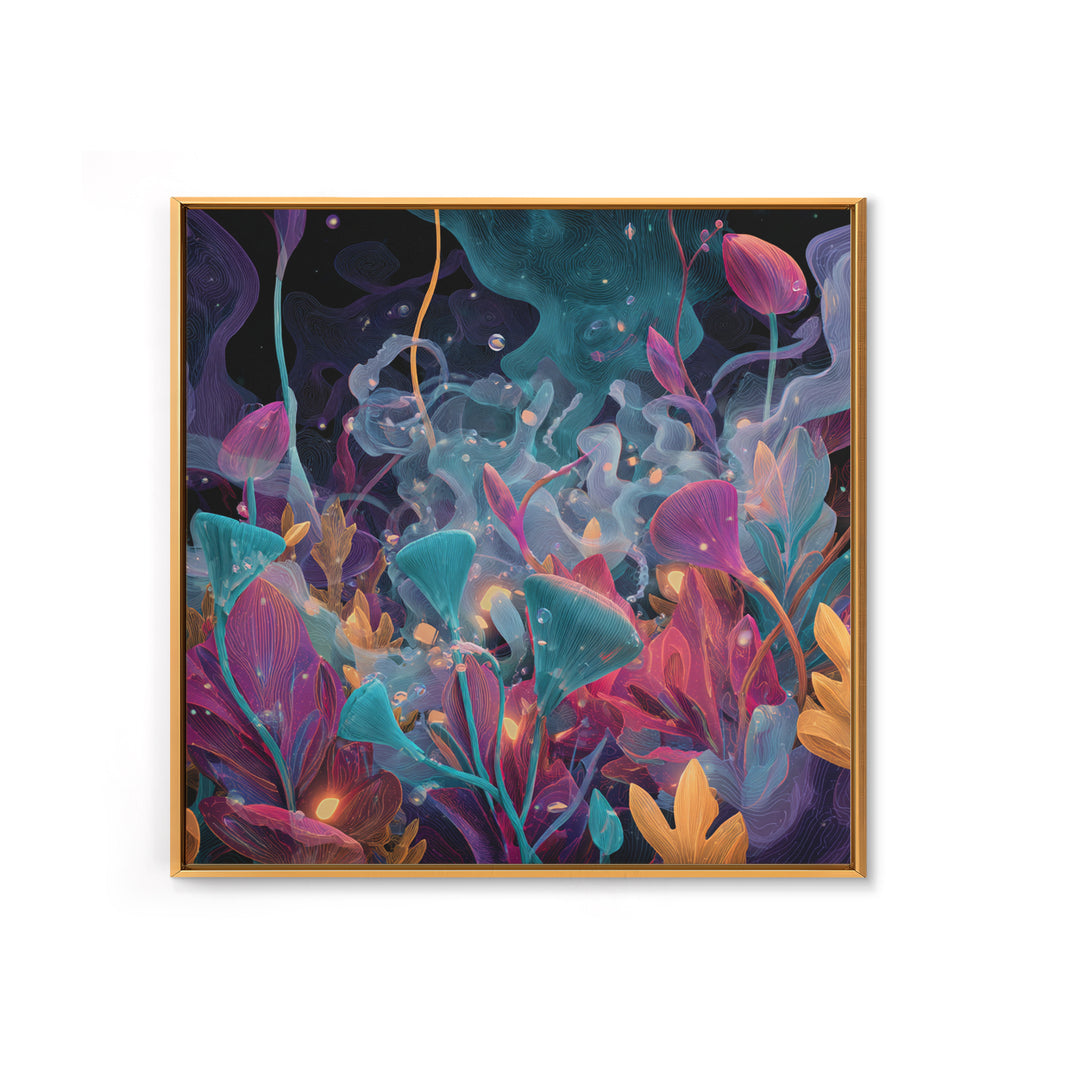 Glowing Alien Garden With Teal And Magenta Flowers Canvas Print, Psychedelic Botanical Wall Art, Whimsical Room Decor Gift