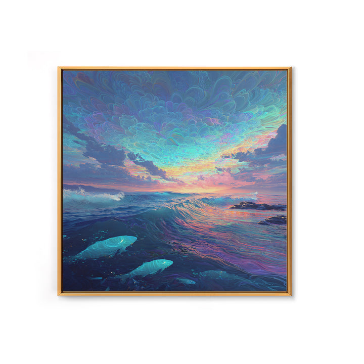 Dreamy Ocean Wave Sunset Wall Art Canvas Print, Colorful Seascape Painting, Modern Coastal Decor, Beach House Wall Art