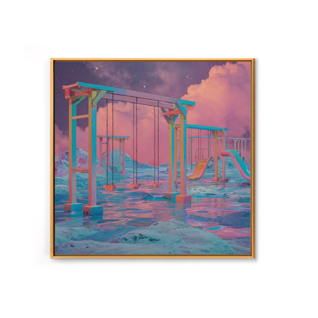 Surreal Neon Playground Landscape Wall Art, Dreamy Fantasy Seascape Canvas Print, Modern Home Decor, Statement Artwork