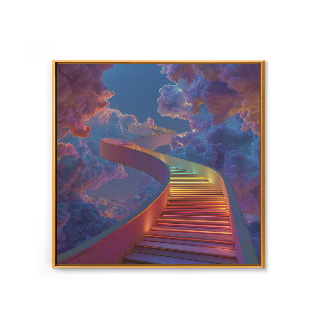 Rainbow Stairway Through Clouds Surreal Fantasy Wall Art, Dreamy Colorful Sky Canvas Print Home Decor