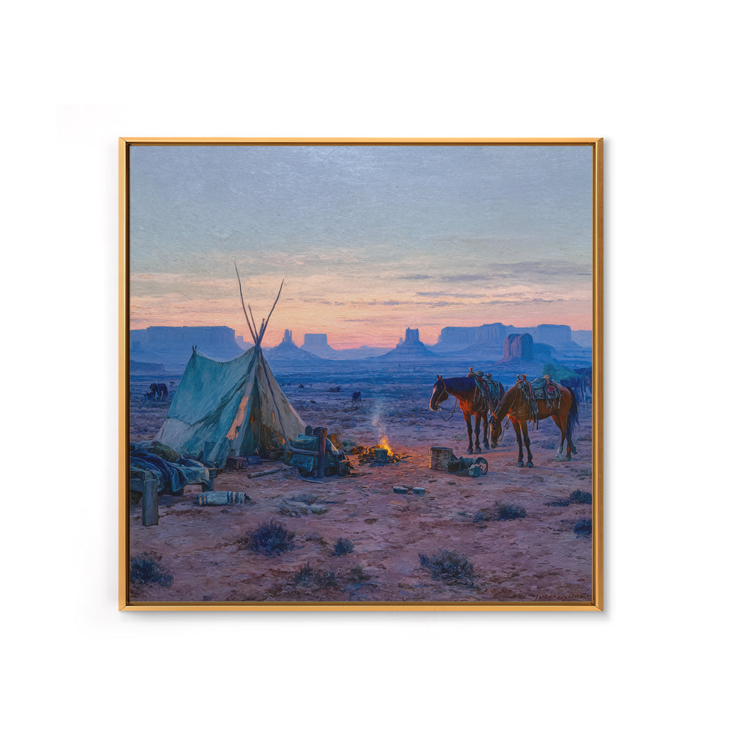 Western Desert Campfire Wall Art, Cowboy Landscape Canvas Print, Rustic Country Western Art For Farmhouse Home Decor