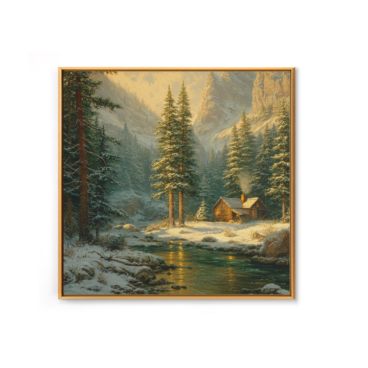 Cozy Winter Cabin By River Landscape Wall Art, Snowy Mountain Sunset Canvas Print, Rustic Farmhouse Decor Living Room Art