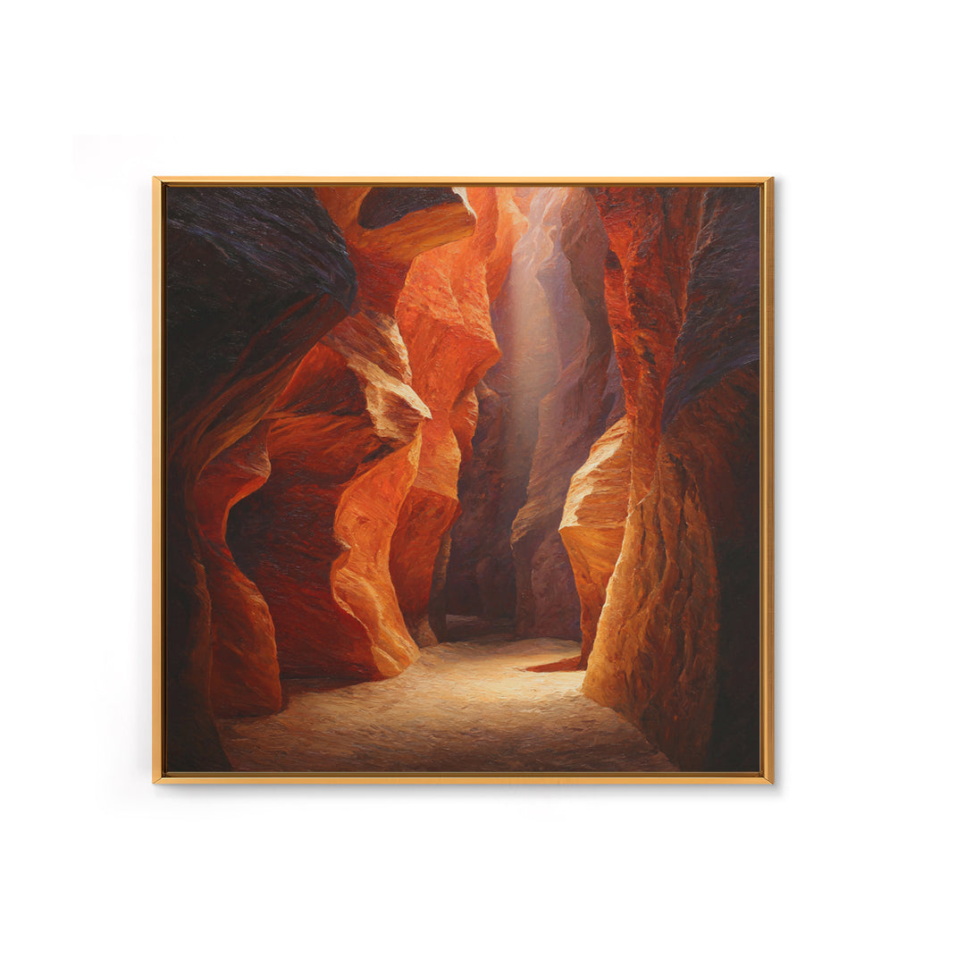 Sunlit Slot Canyon Textured Wall Art, Dramatic Red Rock Landscape Canvas Print, Vertical Desert Painting For Entryway Or Living Room Decor