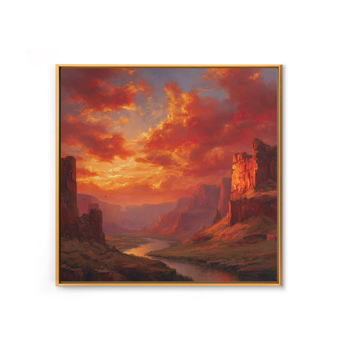 Majestic Canyon River Landscape At Sunset Wall Art Oil Painting Framed Canvas Print Rustic Home Decor