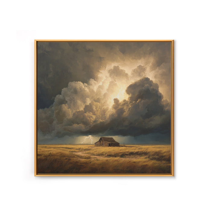 Stormy Sky Over Rustic Barn Landscape Painting Wall Art, Dramatic Lightning Cloud Print, Country Farmhouse Rustic Decor