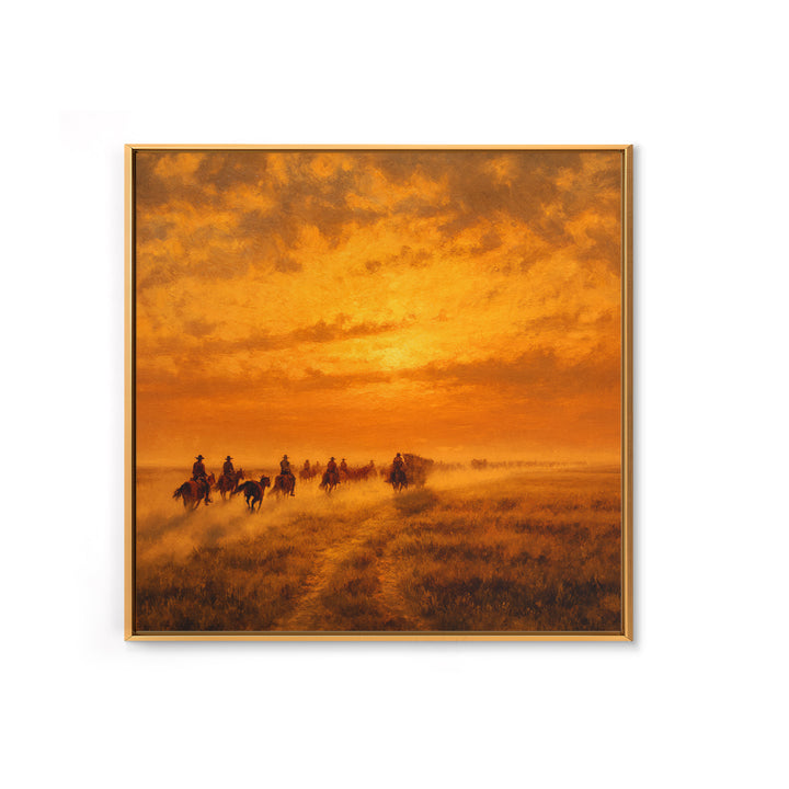 Western Cowboy Cattle Drive At Sunset Wall Art, Desert Landscape Print, Rustic Home Decor, Living Room Wall Art Canvas Print