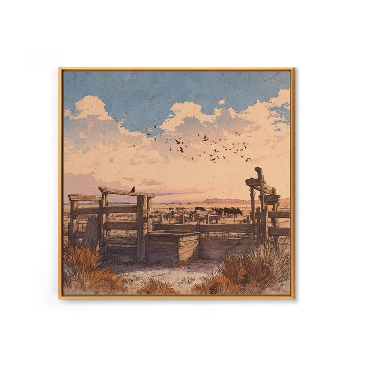 Western Ranch At Sunset Wall Art, Rustic Cowboy Landscape Canvas Print, Desert Farmhouse Decor For Living Room Or Office