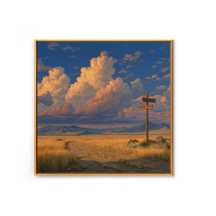 Golden Prairie Road At Crossroads Landscape Wall Art For Rustic Home Decor, Western Country Living Room Canvas Print