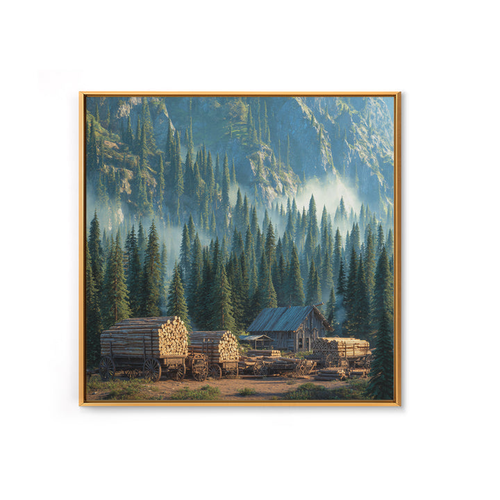 Cozy Cabin In Misty Pine Forest Wall Art, Rustic Mountain Landscape Canvas Print, Farmhouse Country Home Decor