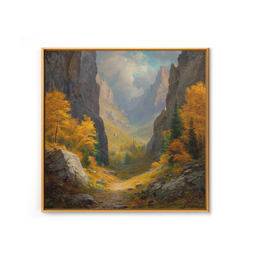 Golden Autumn Mountain Valley Path Landscape Wall Art, Cozy Fall Forest Canyon Living Room Canvas Print