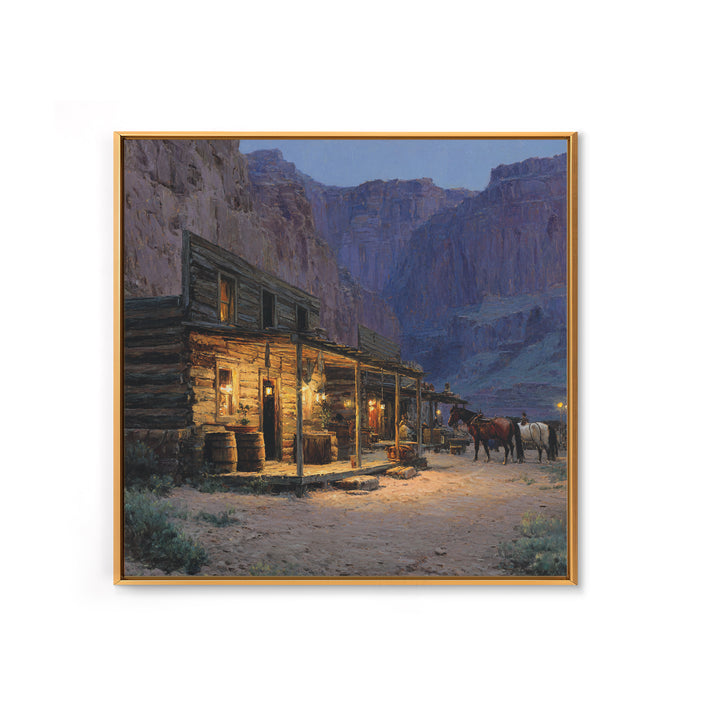 Cozy Old Western Cabin At Dusk Wall Art, Rustic Farmhouse Landscape Print, Country Home Decor, Living Room Rustic Canvas Print