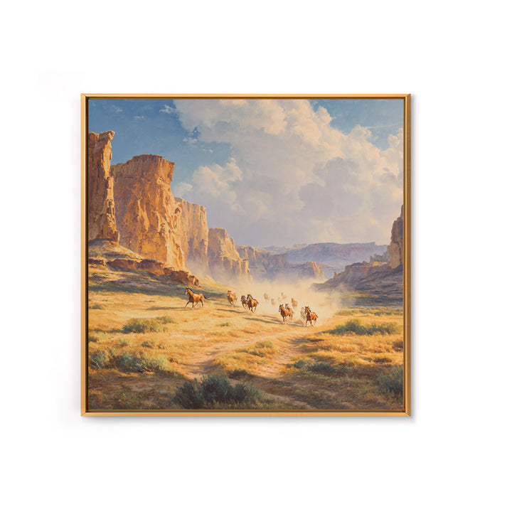 Wild Mustangs Running Through Desert Canyon Landscape Wall Art Western Country Home Decor Large Modern Landscape Print