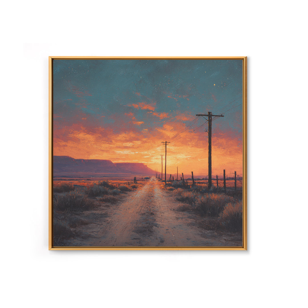 Country Dirt Road Sunset Landscape Wall Art, Warm Rustic Western Painting, Farmhouse Home Decor Large Framed Canvas Print