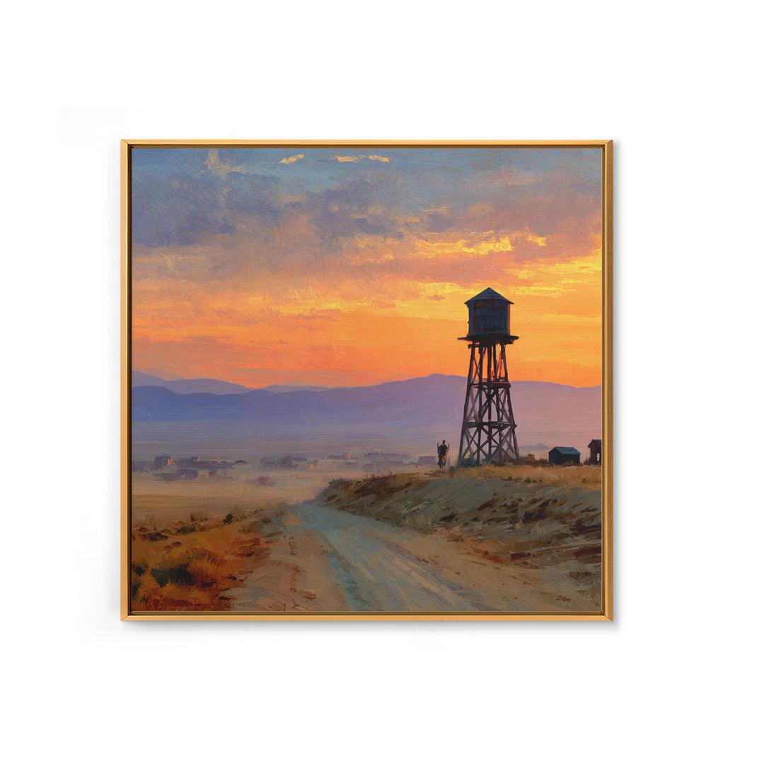 Western Sunset Water Tower Landscape Wall Art, Cowboy Desert Road Canvas Print, Rustic Country Home Decor For Living Room Or Office