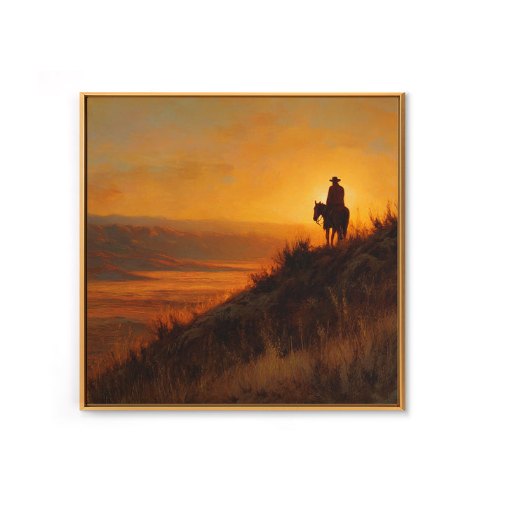 Western Cowboy Sunset Hill Painting Wall Art, Rustic Horse Rider Canvas Print, Warm Desert Landscape Home Decor