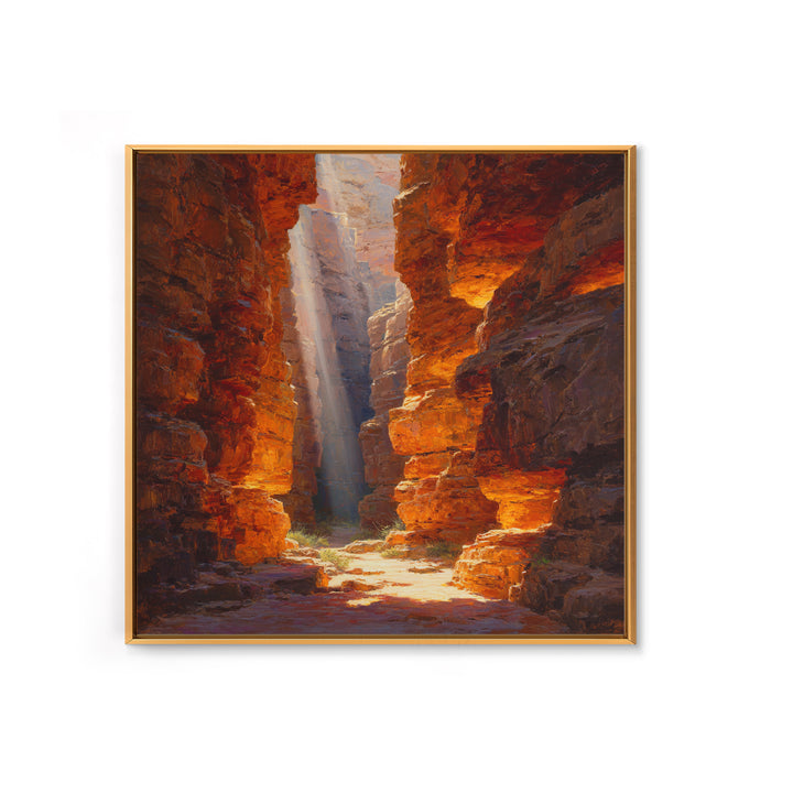 Golden Canyon Sun Rays Desert Landscape Wall Art Print, Southwestern Rustic Decor, Warm Nature Painting Living Room Art