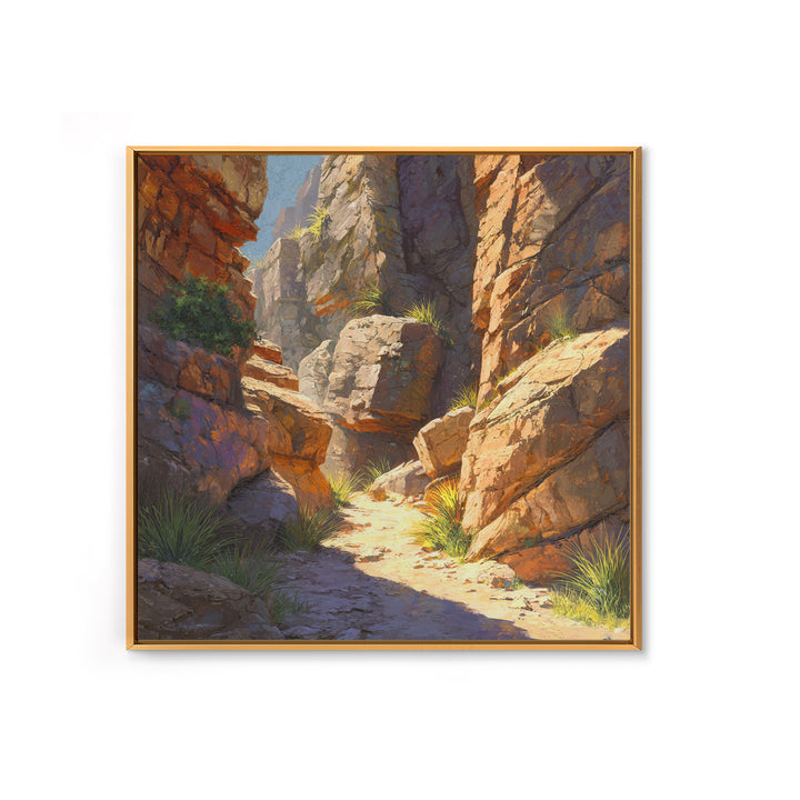 Sunlit Desert Canyon Trail Landscape Wall Art, Warm Southwest Rocks And Sage Green Nature Canvas Print
