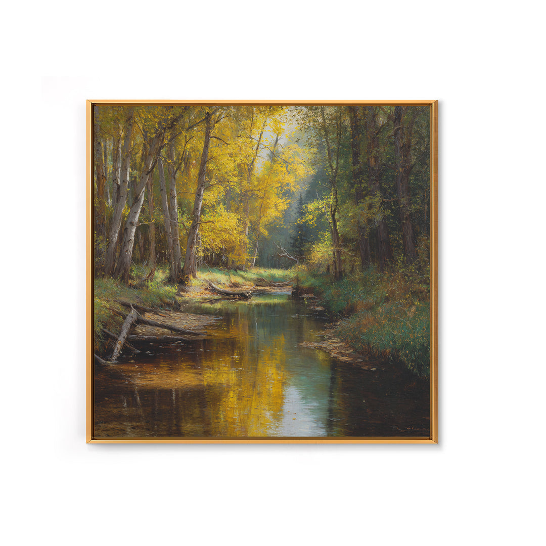 Golden Forest Creek Wall Art, Autumn Landscape Canvas Print, Rustic Nature Painting For Cozy Living Room Decor