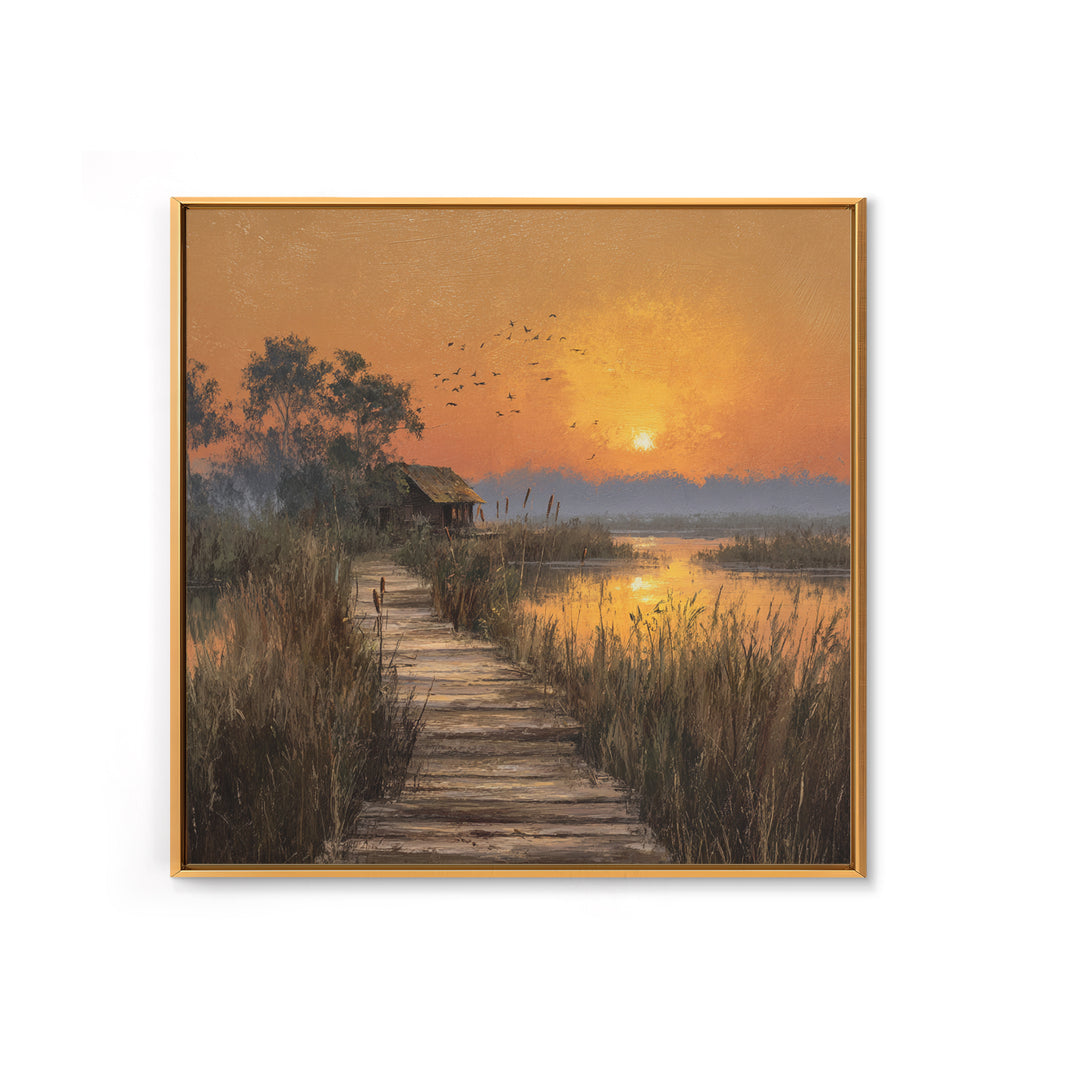 Peaceful Sunset Over Lakeside Cabin And Boardwalk Nature Landscape Wall Art Framed Canvas Print For Living Room