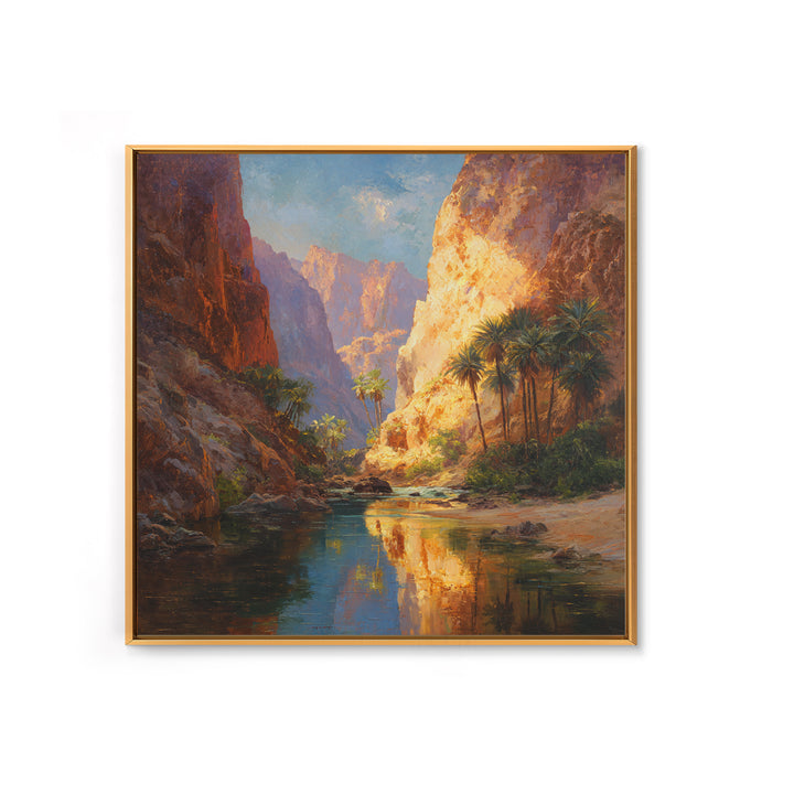 Sunlit Desert Canyon Oasis Landscape Wall Art Canvas Print, Modern Southwestern Nature Painting For Living Room Home Decor