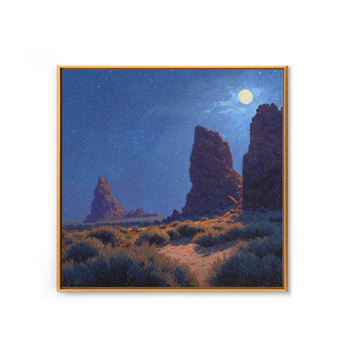 Moonlit Desert Rocks Wall Art, Night Sky Landscape Painting, Southwestern Stars Print, Calming Rustic Home Decor Canvas Print