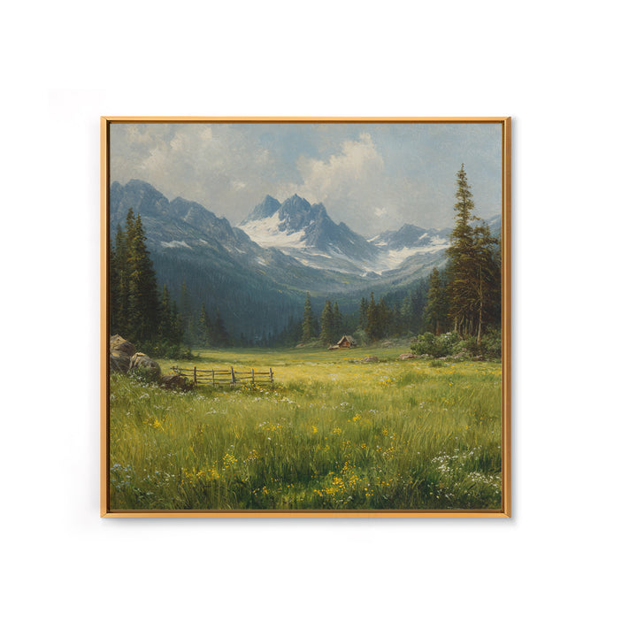 Alpine Meadow Cabin Landscape Wall Art, Mountain Valley Oil Painting Print, Rustic Country Home Decor Living Room Wall Art