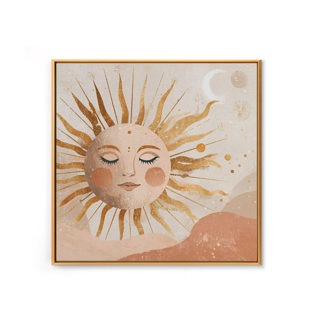 Boho Sun And Moon Wall Art, Celestial Gold Face Print, Whimsical Nursery Decor, Spiritual Bedroom Canvas Gift For Her Home Decor