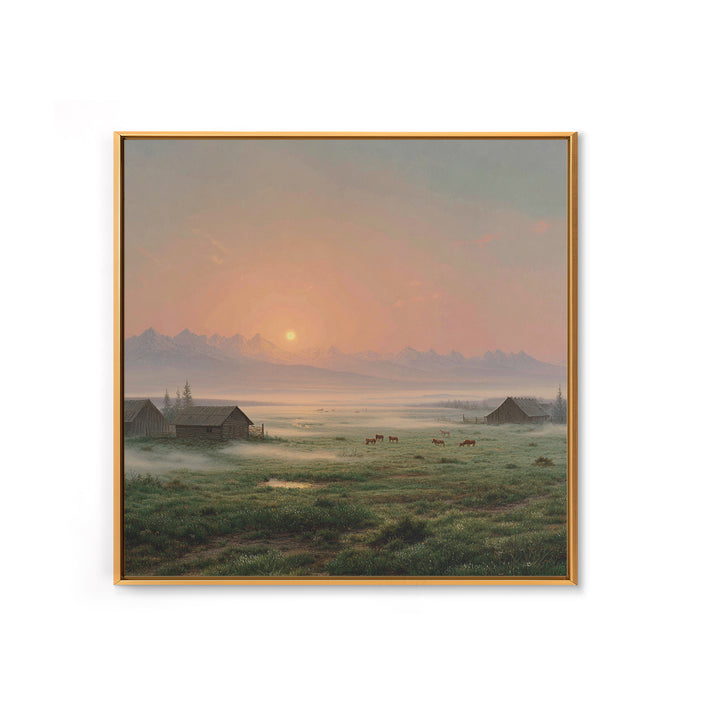 Misty Sunrise Farm Landscape Wall Art, Rustic Country Barn Pasture Print, Farmhouse Wall Decor Living Room Wall Art