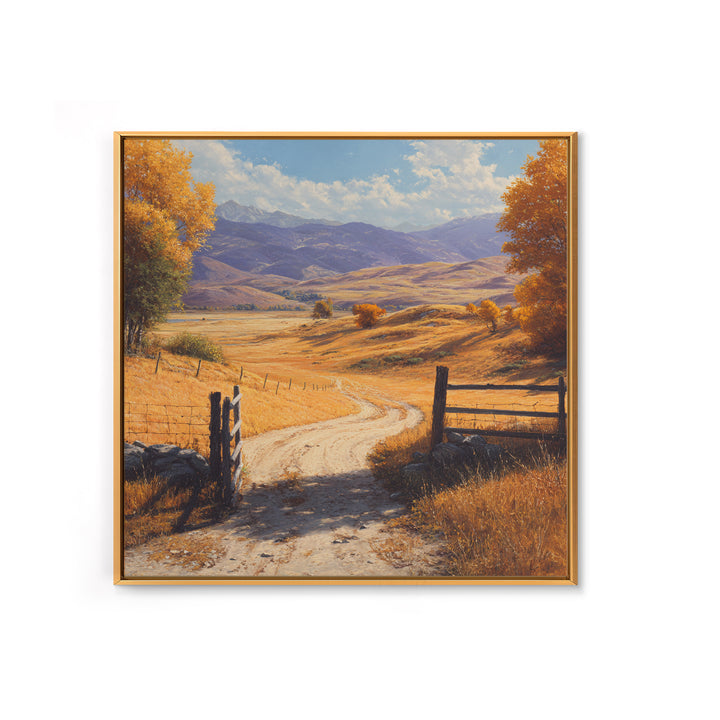 Golden Country Road Autumn Landscape Wall Art, Rustic Farmhouse Canvas Print For Cozy Living Room Decor