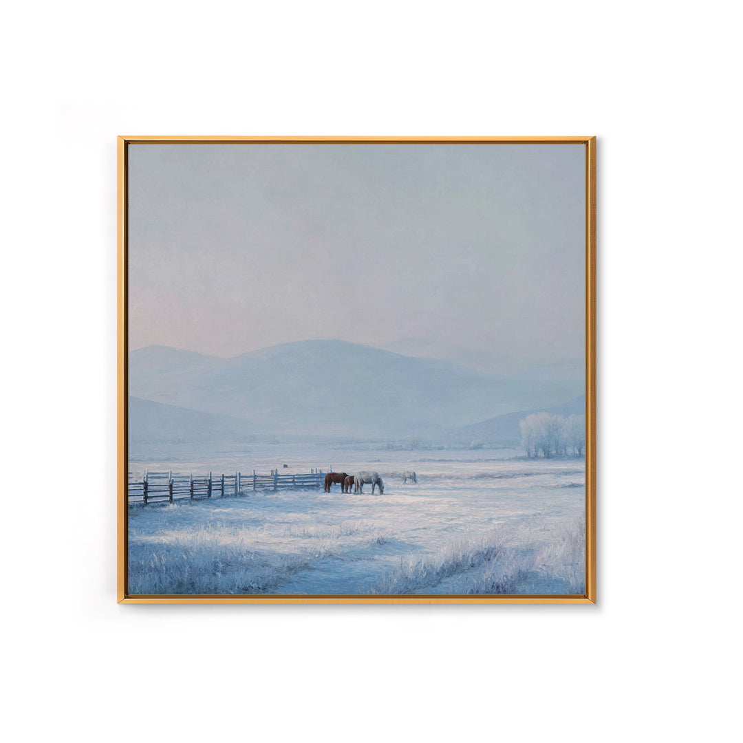 Idyllic Winter Landscape With Horses And Mountains Peaceful Snow Scene Wall Art Framed Canvas Print For Cozy Home Decor