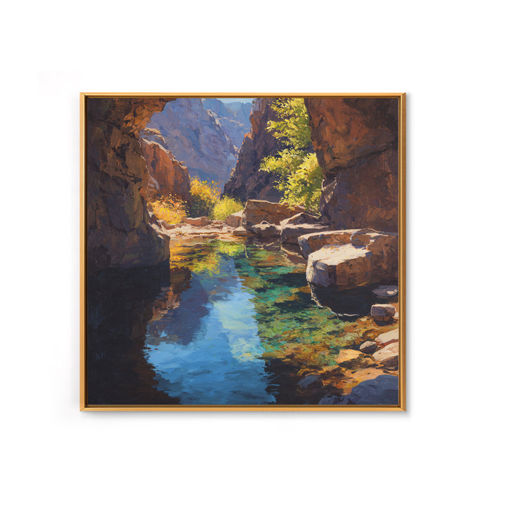 Sunlit Canyon Creek Landscape Oil Painting Wall Art, Nature Mountain Stream Canvas Print, Rustic Cabin Decor Modern Landscape