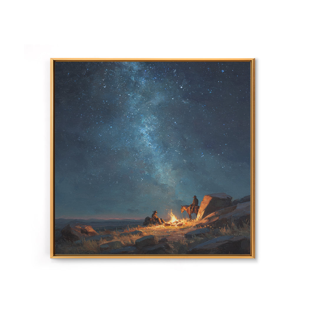 Cowboys By Campfire Under Milky Way Night Sky Wall Art Print, Western Landscape Painting, Rustic Country Home Decor Art