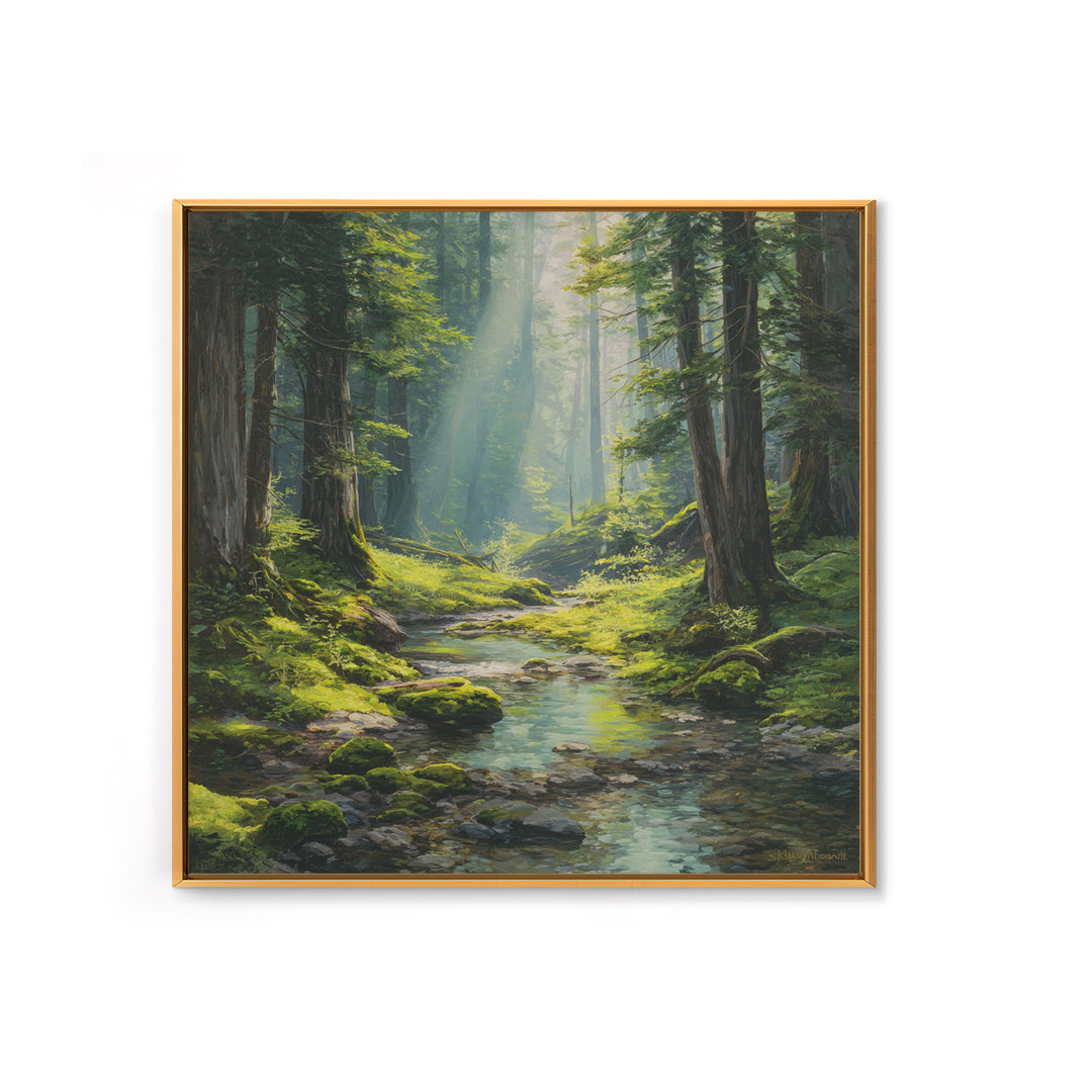 Sunlit Forest Creek Landscape Wall Art Nature Painting Canvas Print Rustic Home Decor Cabin Living Room Wall Art