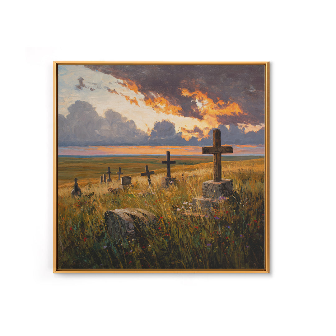 Moody Sunset Graveyard Landscape Wall Art, Dramatic Sky Rustic Canvas Print, Gothic Dark Academia Decor For Living Room