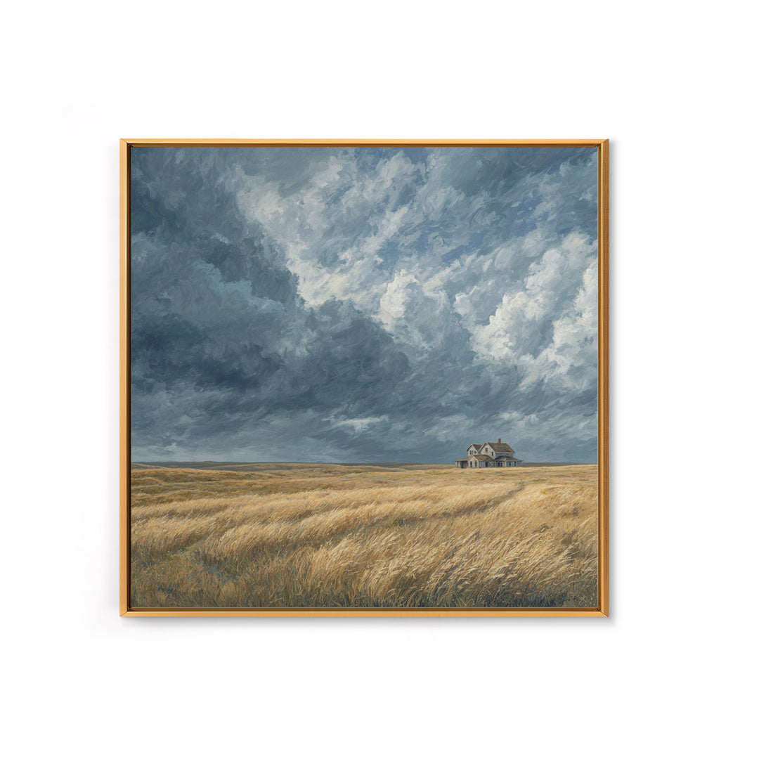 Moody Prairie House Stormy Sky Landscape Wall Art, Large Horizontal Canvas Print, Rustic Farmhouse Decor Living Room Art