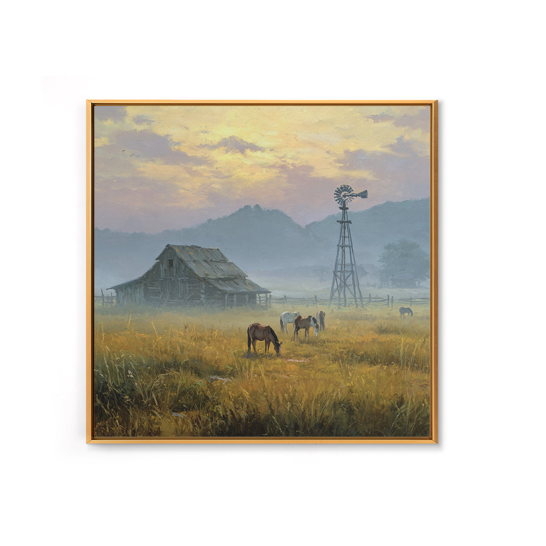 Rustic Barn And Horses Landscape Wall Art Canvas Print, Western Country Decor, Farmhouse Wall Art, Large Living Room Art