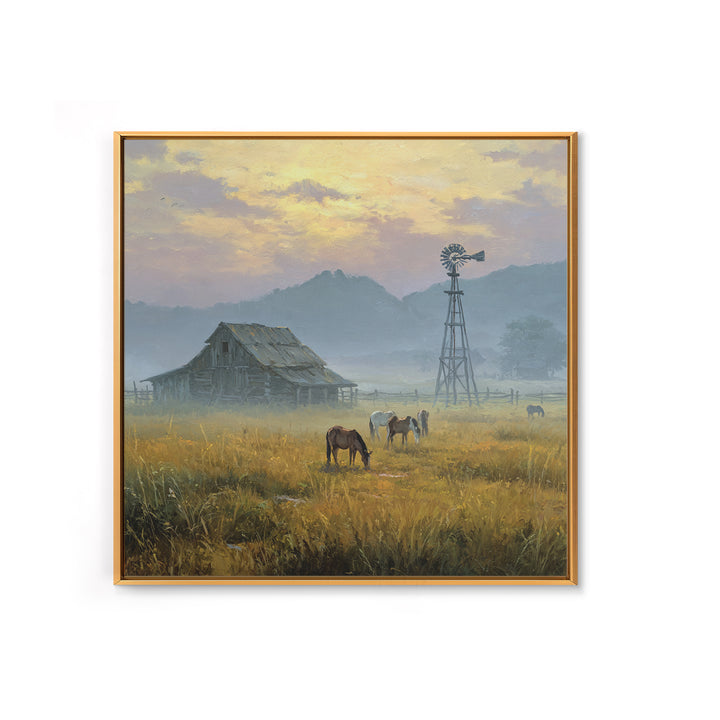 Rustic Barn And Horses Landscape Wall Art Canvas Print, Western Country Decor, Farmhouse Wall Art, Large Living Room Art