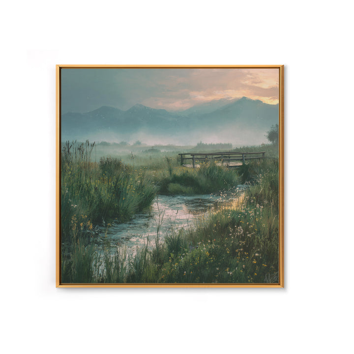 Tranquil Meadow Stream With Wooden Bridge And Mountains Landscape Wall Art Framed Canvas Print For Bedroom Decor