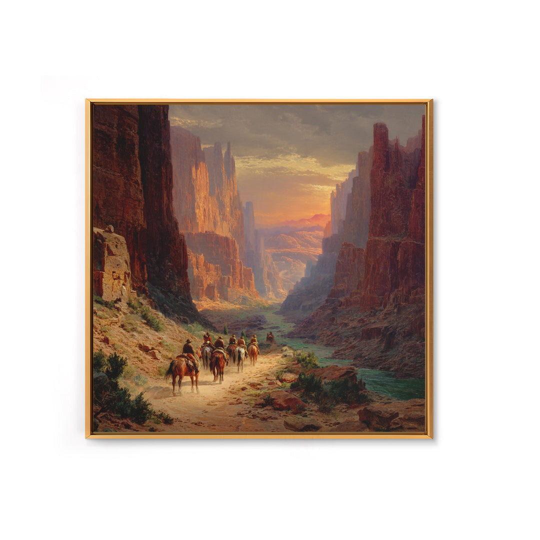 Cowboys Riding Through Canyon At Sunset Wall Art, Western Landscape Painting Print, Rustic Southwest Decor Living Room Art