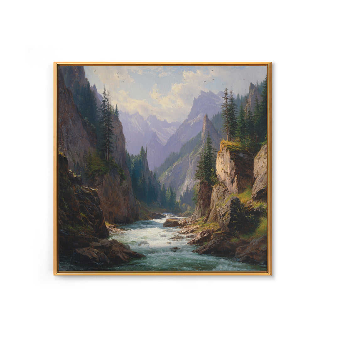 Majestic Mountain River Landscape Oil Painting Wall Art, Large Nature Canvas Print, Rustic Cabin And Living Room Decor