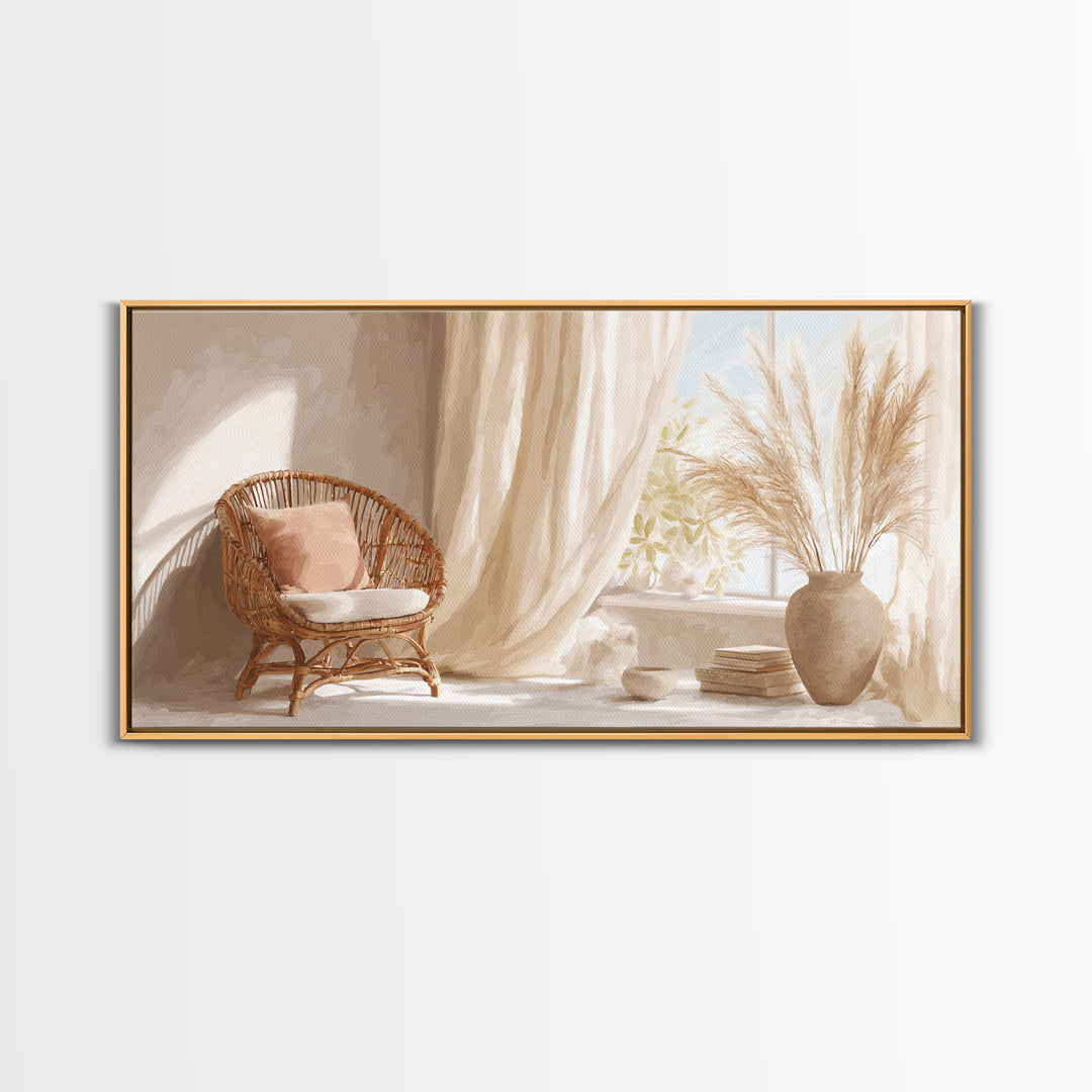 Sunlit Wicker Chair And Pampas Grass Framed Canvas Print, Neutral Boho Wall Decor, Cozy Bedroom Art For Modern Home Decor