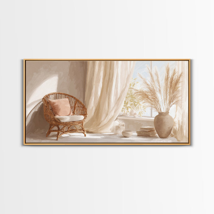 Sunlit Wicker Chair And Pampas Grass Framed Canvas Print, Neutral Boho Wall Decor, Cozy Bedroom Art For Modern Home Decor
