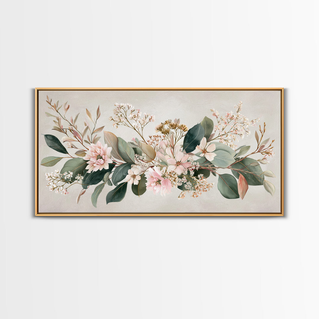 Soft Pink Floral Greenery Canvas Print, Eucalyptus Botanical Wall Decor, Neutral Living Room Art, Modern Farmhouse Decor